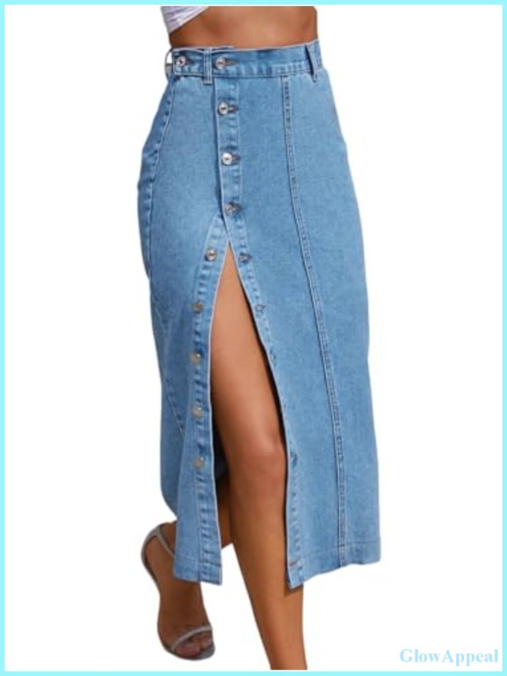 High Waisted Denim Midi Skirt Button Front Slit Women's